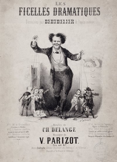 Porträt von Jean Berthelier (1830-1888) mit den Söhnen der Puppen. Album „Les Ficelles Dramatiques deroulees by Berthelier de l