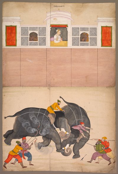 Zwei Elefanten kämpfen in einem Hof vor Muhammad Shah, um 1730-40 von Nainsukh
