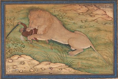 Gefahren der Jagd, ein Löwe stürzt sich auf einen Jäger, um 1615 von Nanha