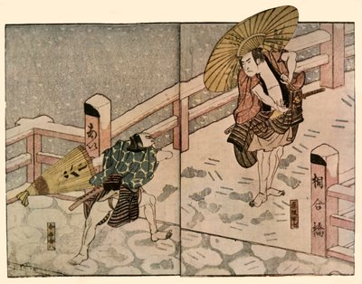 Barfüßige Männer mit Sonnenschirmen im Schnee, 1811 von Naniwa Shunkosai