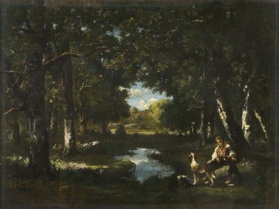 Mann und Hund ruhen sich in einer Waldlichtung aus von Narcisse Virgile Diaz de la Peña