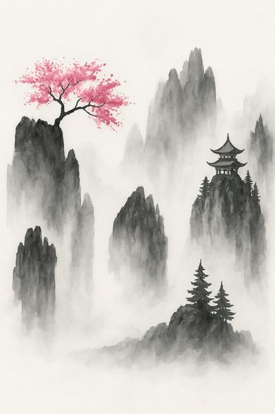 Japanische Berglandschaft mit Sakura-Baum und Tempel von Natalie Bruns