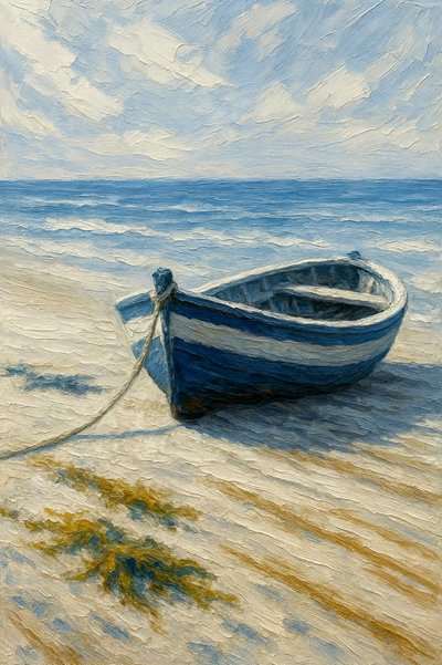 Gelassenes Blaues Boot am Strand von Natalie Bruns