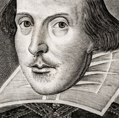 Detail des Porträts von William Shakespeare auf dem Frontispiz von Komödien, Historien und Tragödien von Nathan Benn