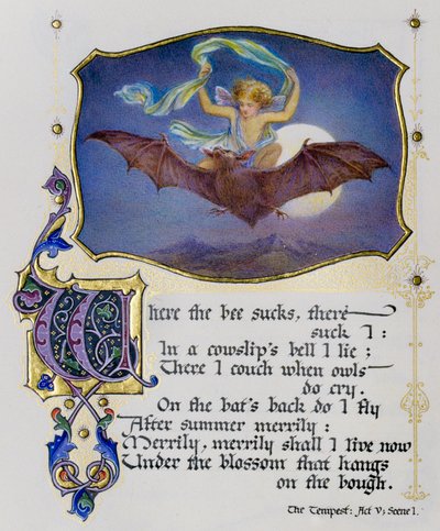 Illuminierte Seite aus einem Buch von Shakespeare-Sonetten zeigt eine Szene aus Der Sturm von Nathan Benn