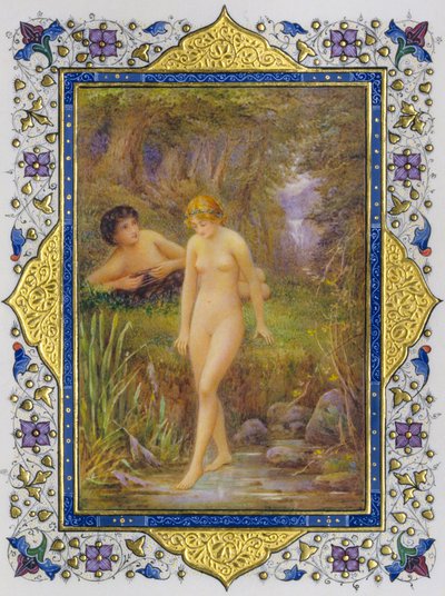 Illuminierte Seite aus einem Buch von Shakespeares Sonetten mit nackter Frau in pastoraler Fantasie von Nathan Benn