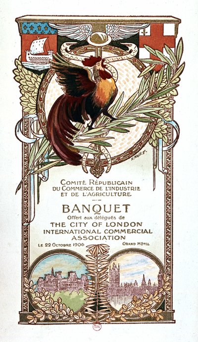 Hahn und Denkmäler, Bankettmenü des Republikanischen Komitees für Handel, Industrie und Landwirtschaft, angeboten am 22.11.1906 den Delegierten der Internationalen Handelsvereinigung der Stadt London von Nathan Weill