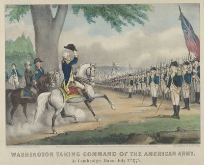 Washington übernimmt das Kommando über die amerikanische Armee - In Cambridge, Massachusetts, 3. Juli 1775 von Currier and Ives