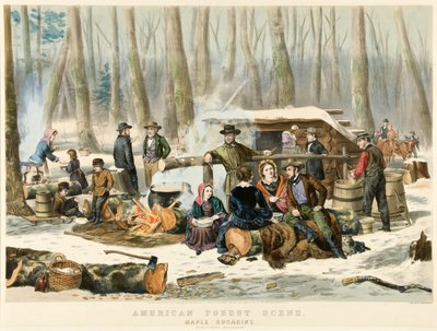 Amerikanische Waldszene - Ahornzuckerherstellung, veröffentlicht 1855 von Nathaniel Currier