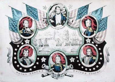 Schlacht am Eriesee mit Porträts von US-Marinehelden von Nathaniel Currier