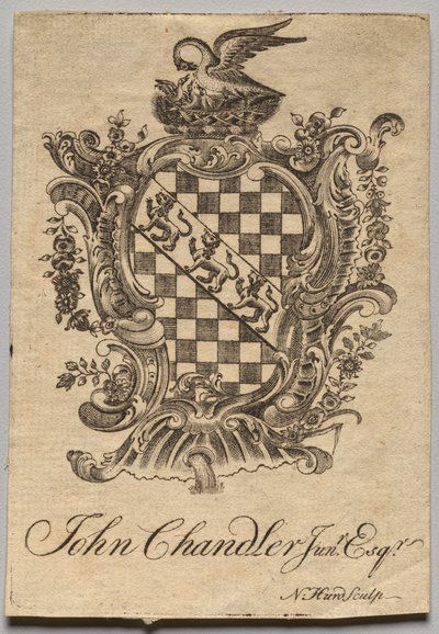 Exlibris: Wappen mit der Inschrift John Chandler Jun.r, Esq. von Nathaniel Hurd