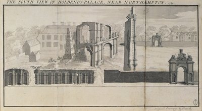 Südansicht von Holdenby House und Ruinen, wie sie 1729 zu sehen waren von Nathaniel and Samuel Buck