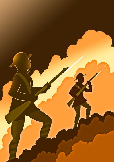 Soldaten des Ersten Weltkriegs mit Bajonetten - aus den Schützengräben auftauchend von Neale Osborne