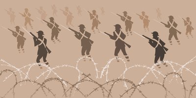 Soldaten des Ersten Weltkriegs mit Bajonetten - aus den Schützengräben auftauchend von Neale Osborne