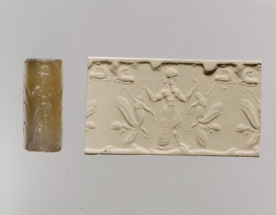 Zylindersiegel und moderne Impression: männliche Figur dominiert menschenköpfige geflügelte Löwen, ca. 8.-7. Jahrhundert v. Chr. (Chalcedon) von Neo Assyrian Neo Assyrian
