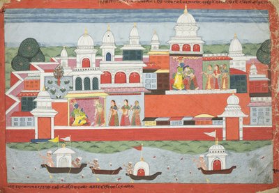 Rukmini bittet Krishna um Erlaubnis, ihren Bruder Rukma zu besuchen, Seite aus einem Manuskript des Bhagavata Purana, ca. 1775 von Nepalese School