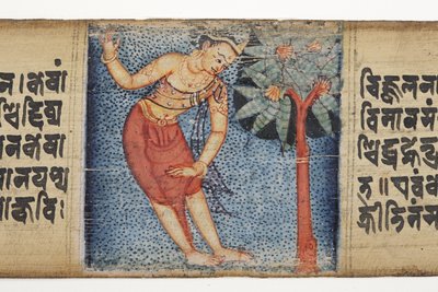 Sudhana steht neben einem Baum, aus dem Gandavyuha von Nepalese School