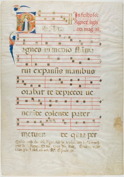Die heilige Agnes in einem verzierten Initial "V" aus einem Antiphonar von Neri da Rimini