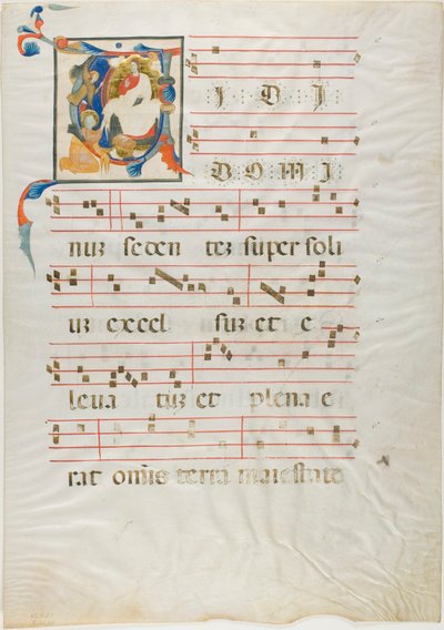 Heiliger kniet vor Gott auf einem Thron in einem historisierten Initial "V" aus einem Antiphonar von Neri da Rimini