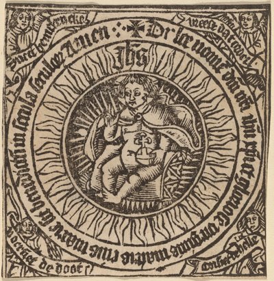 Göttliches Kind mit der Weltkugel in einem Kreis mit vier Engeln von Netherlandish 15th Century