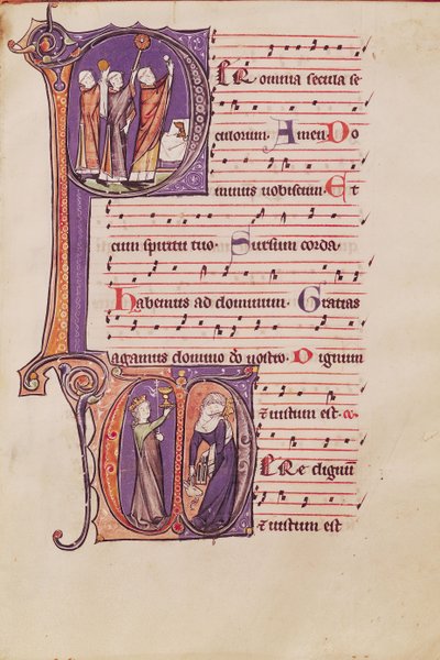 Historiierte Initialen P, die die Elevation der Hostie darstellen, und D, die die Kirche und die Synagoge darstellen, aus einem Missale der Abtei St. Peter der Große von Netherlandish School