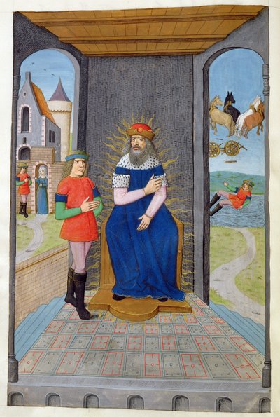 Phaeton leiht sich einen Wagen von seinem Vater und wird getötet, aus Metamorphosen 2 von Ovid, 1479 von Netherlandish School