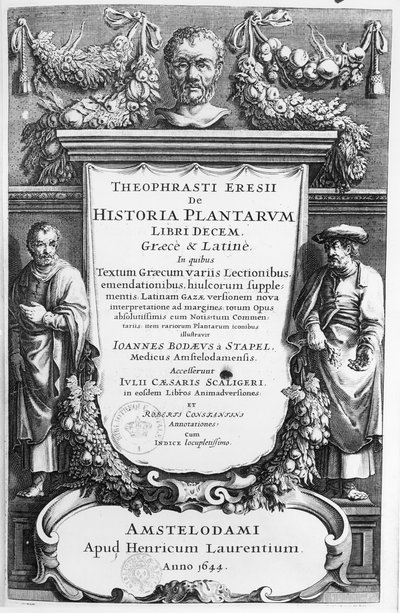 Titelseite von Historia Plantarum Libri Decem von Theophrastus (ca. 372-287 v. Chr.), veröffentlicht in Amsterdam 1644 von Netherlandish School