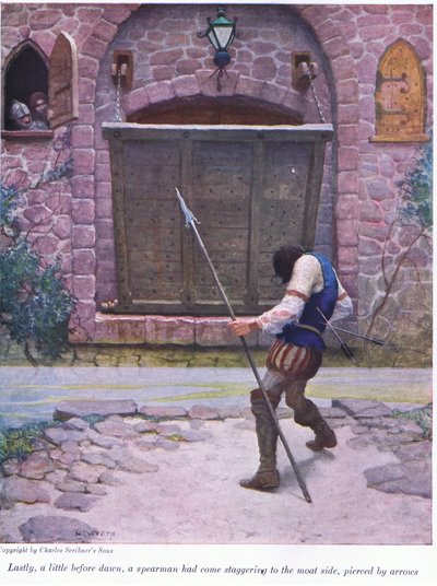 Kurz vor der Morgendämmerung kam ein Speerkämpfer, der von Pfeilen durchbohrt war, taumelnd zum Grabenrand von Newell Convers Wyeth