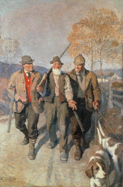 Drei Jäger und Hunde von Newell Convers Wyeth