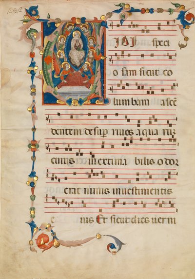 Manuskriptblatt mit der Himmelfahrt der Jungfrau Maria in einem Initial V, aus einem Antiphonar von Niccolò di ser Sozzo