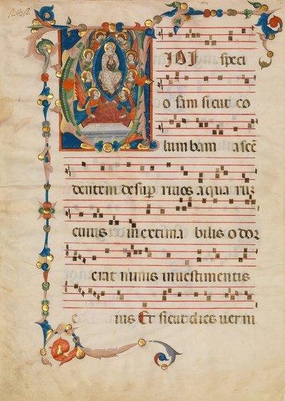 Manuskriptblatt mit der Himmelfahrt der Jungfrau Maria in einem Initial V, aus einem Antiphonar, ca. 1340 von Niccolò di ser Sozzo