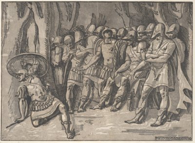 Ajax unten links hält ein Schild hoch, rechts steht Agamemnon umgeben von seinen Leuten, 1540-50 von Niccolo Vicentino