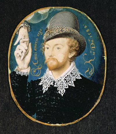 Mann, der eine Hand aus einer Wolke ergreift, möglicherweise William Shakespeare, 1588 von Nicholas Hilliard