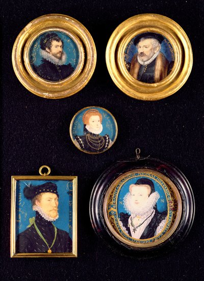 Miniaturen von Hilliards Vater und Mutter, Selbstporträt und unbekannte Porträts von Mann und Frau von Nicholas Hilliard