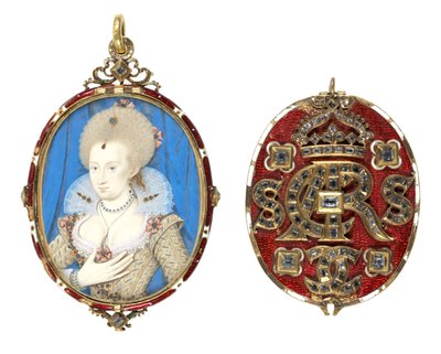 Porträtminiatur von Königin Anne von Dänemark (1574-1619) mit juwelenbesetztem Deckel, um 1611 von Nicholas Hilliard