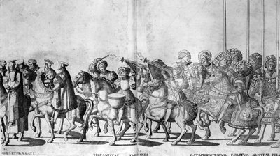Platte 30 und 31 des Einzugs von Papst Clemens VII. und Kaiser Karl V. in Bologna am 24. Februar 1530, veröffentlicht um 1530 von Nicholas Hogenberg