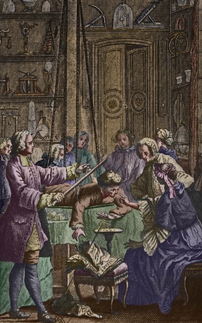 Elektrisches Experiment an einem Mann von Abbe Jean Antoine Nollet (1700-70) in einem Physikerkabinett, Frontispiz-Illustration aus Essai sur l