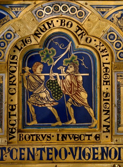 Verduner Altar: Rückkehr von Josua und Kaleb mit einer großen Traube aus dem Land Kanaan (Detail) von Nicholas of Verdun