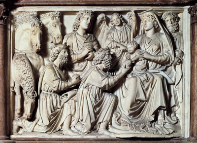 Anbetung der Heiligen Drei Könige, Fliese von der Kanzel mit Szenen aus dem Leben Christi von Nicola Pisano