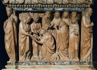 Die Apostel Petrus und Paulus erscheinen dem heiligen Dominikus, dekoratives Relief von Arca di San Domenico von Nicola Pisano