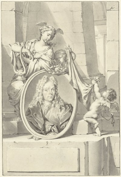 Putti und eine Frau bei einem Medaillon mit dem Porträt von Arnold Houbraken von Nicolaas Verkolje