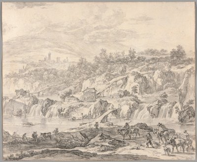 Landschaft mit Wasserfällen und Brücken, Bauern im Vordergrund von Nicolaes Berchem