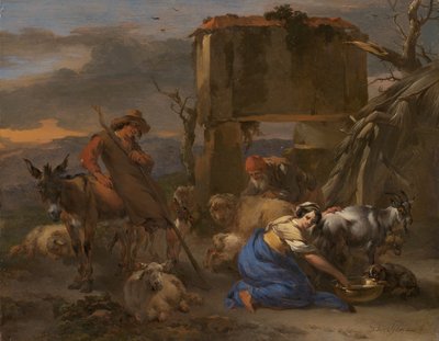 Pastorale Szene mit einer Schäferin, die eine Ziege melkt von Nicolaes Berchem
