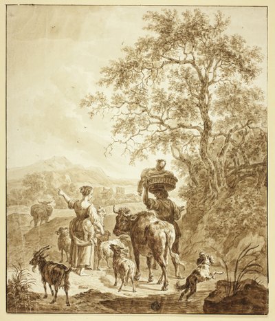 Hirtin und Bauer mit Herde in italienischer Landschaft von Nicolaes Berchem