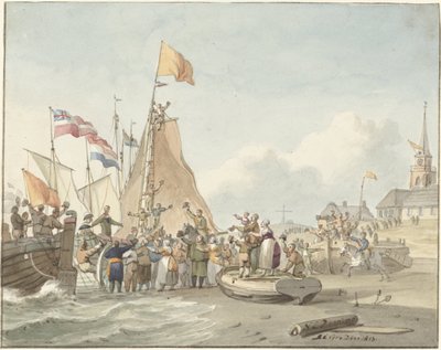 Ankunft von Prinz Willem Frederik in Scheveningen, 30. November 1813 von Nicolaes Lodewick Penning (signed by artist)