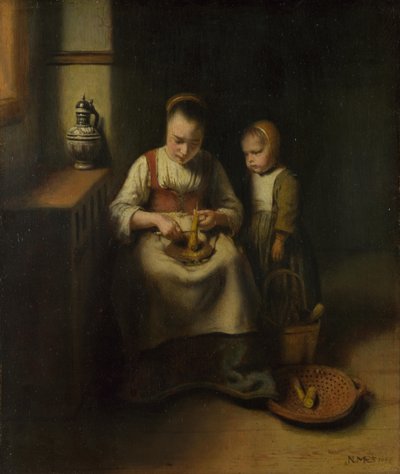 Eine Frau schabt Pastinaken, mit einem Kind neben ihr, 1655 von Nicolaes Maes