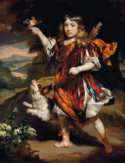 Porträt eines Jungen, als Daifilo, in einem roten Überrock über einem silbernen Gewand, mit einem orangefarbenen Umhang, ein Vogel ruht auf seiner rechten Hand, sein Hund neben ihm, in einer Landschaft von Nicolaes Maes