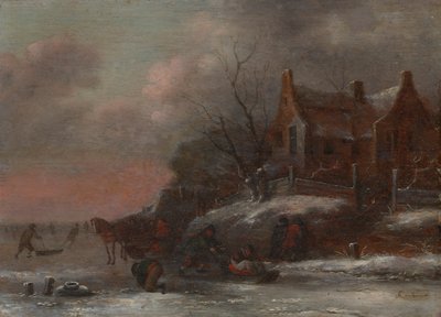 Winterlandschaft mit Figuren, die auf einem zugefrorenen Fluss rodeln von Nicolaes Molenaer