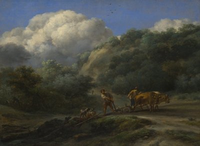 Ein Mann und ein Junge pflügen mit Ochsen, um 1650 von Nicolaes Pietersz. Berchem