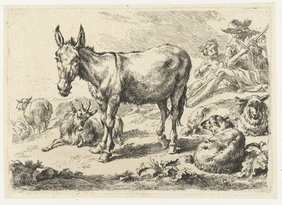 Landschaft mit Esel, Schafen, Ziege und Hirten von Nicolaes Pietersz Berchem